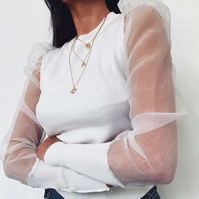 Женская сетчатая блузка в сетку прозрачная пышная женская рубашка с длинным