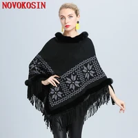 6 color fur neck warm beading floral coat overize triangle knitted poncho women cape big pendulum jacquard weave tassel pullover
