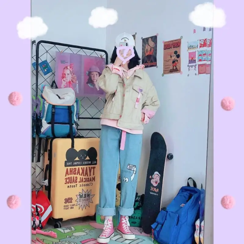 Харадзюку джинсовые широкие брюки японский Kpop Kawaii принты весна лето Femme милые