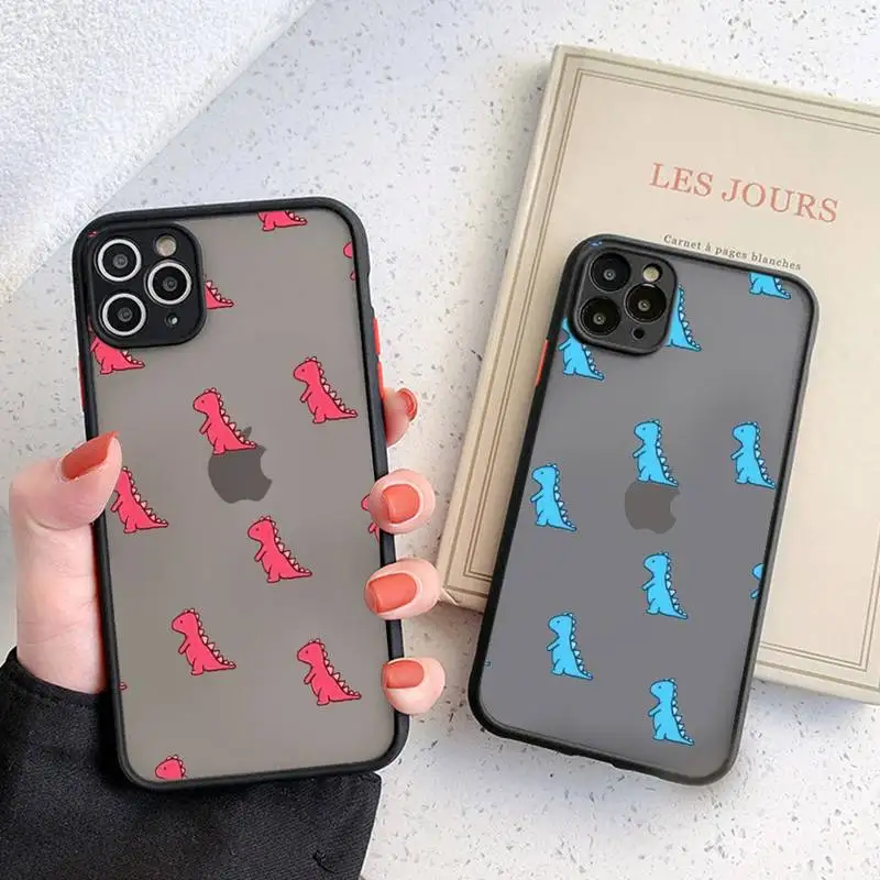

Cute Dinosaur Phone Case Black Transparent Matte For IPhone 7 8 11 12 S Mini Pro X XS XR MAX Plus Cover Shell