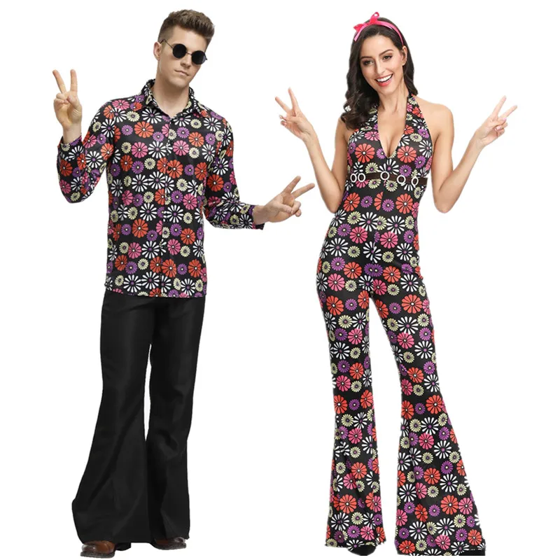 

Мужской/женский костюм в стиле хиппи, с цветочным принтом, в стиле ретро, для взрослых, на Хэллоуин, 1960