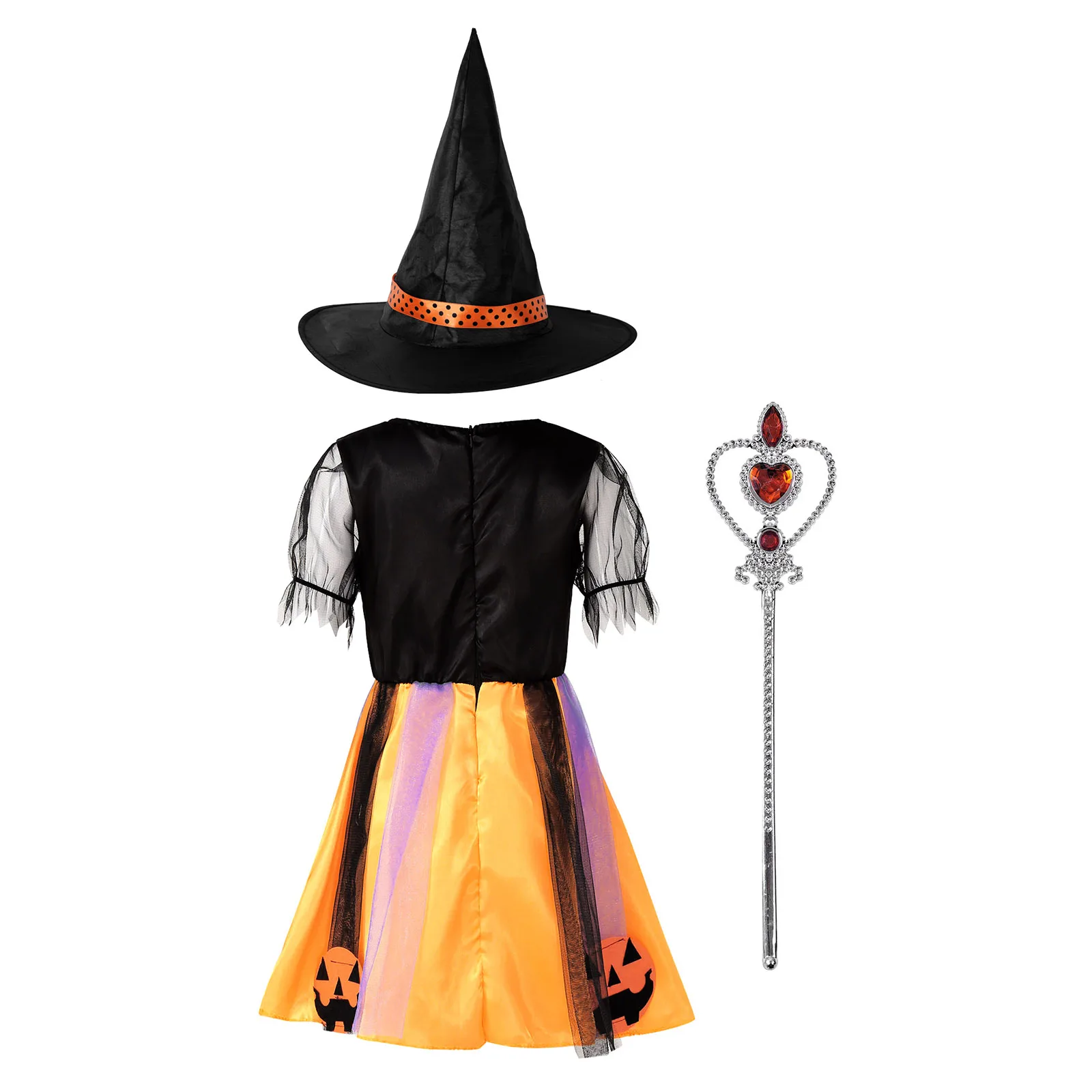 Vestido de Cosplay de bruja de Halloween para ni&ntilde;os y ni&ntilde;as, traje de juego de rol con aplicaci&oacute;n de calabaza, malla con varita m&aacute;gica y sombreros, color negro y naranja-1