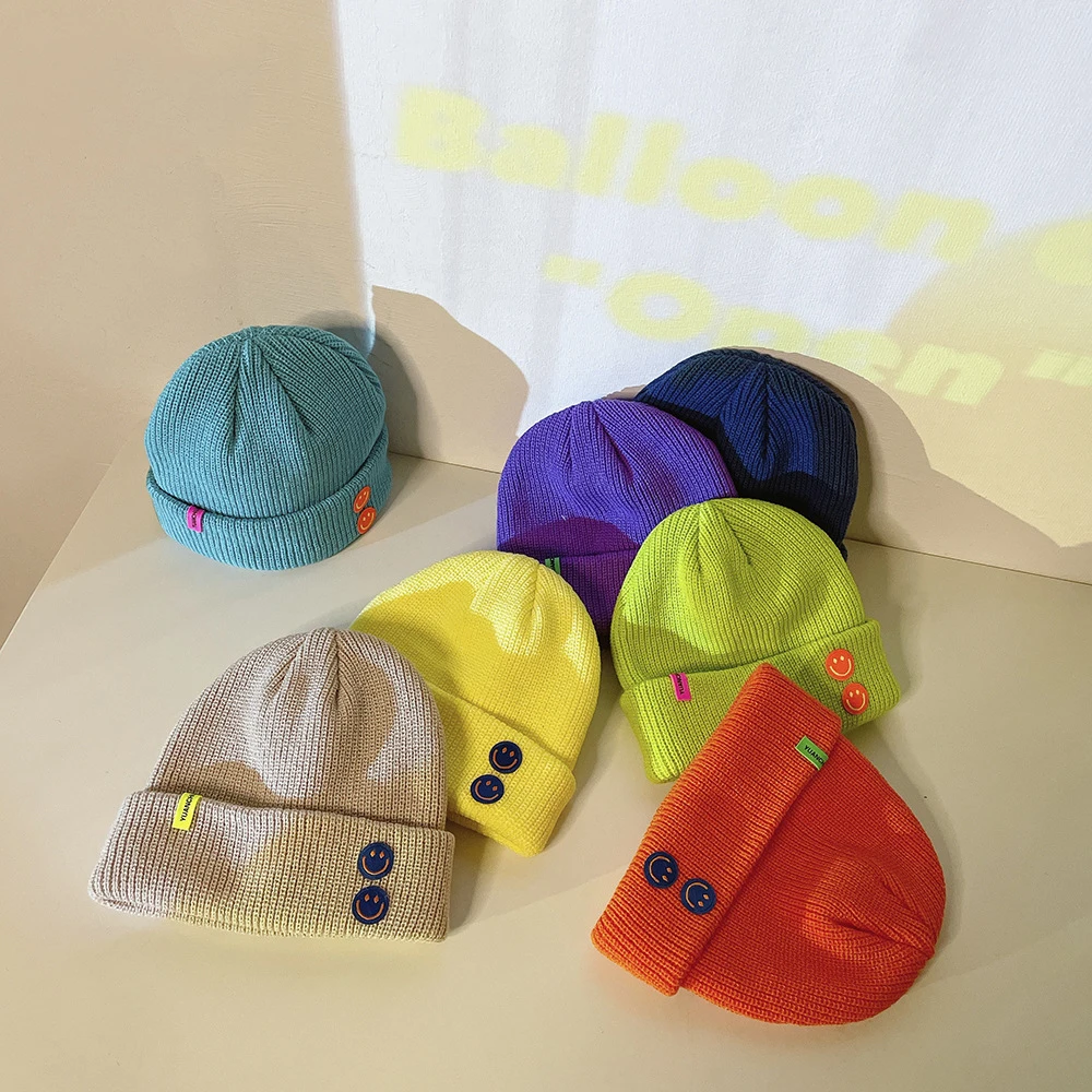 

New Kids Knitted Cap For 2 3 4 5 6 Years Old Children Winter Hat Macaron Candy Color Baby Smiley Face Hats Boy Girl Beanies Caps