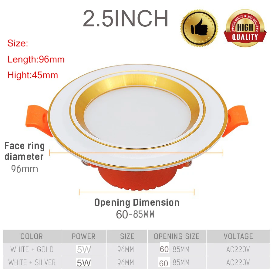 Встраиваемая потолочная лампа 3 цвета 220 В переменного тока 5 Вт