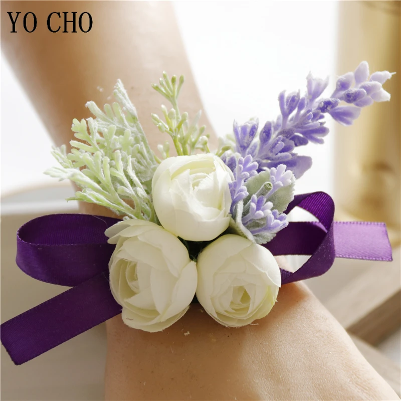 

YO CHO Wedding Wrist Corsage Bracelet Flowers Boutonniere Artificial Roses Pins White Groom Buttonhole Marriage Men Accessories