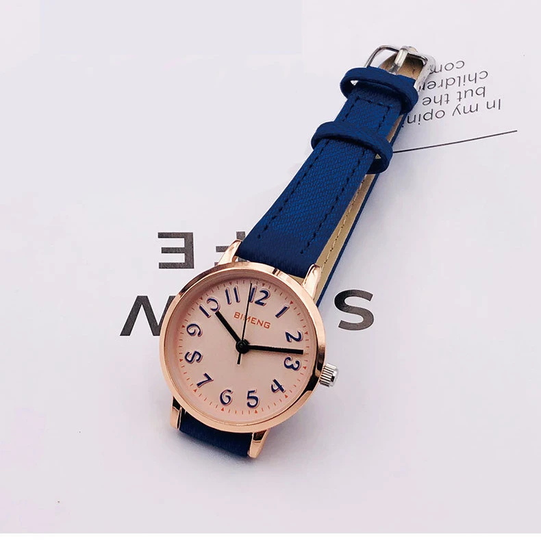 Женские Модные Аналоговые кварцевые круглые наручные часы с кожаным ремешком