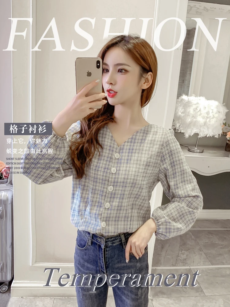 

Ningsha 2021 Early Spring New Korean Style Fashionable All-Match V-neck Plaid Shirt Figure Flattering Long Sleeve Shirt Top