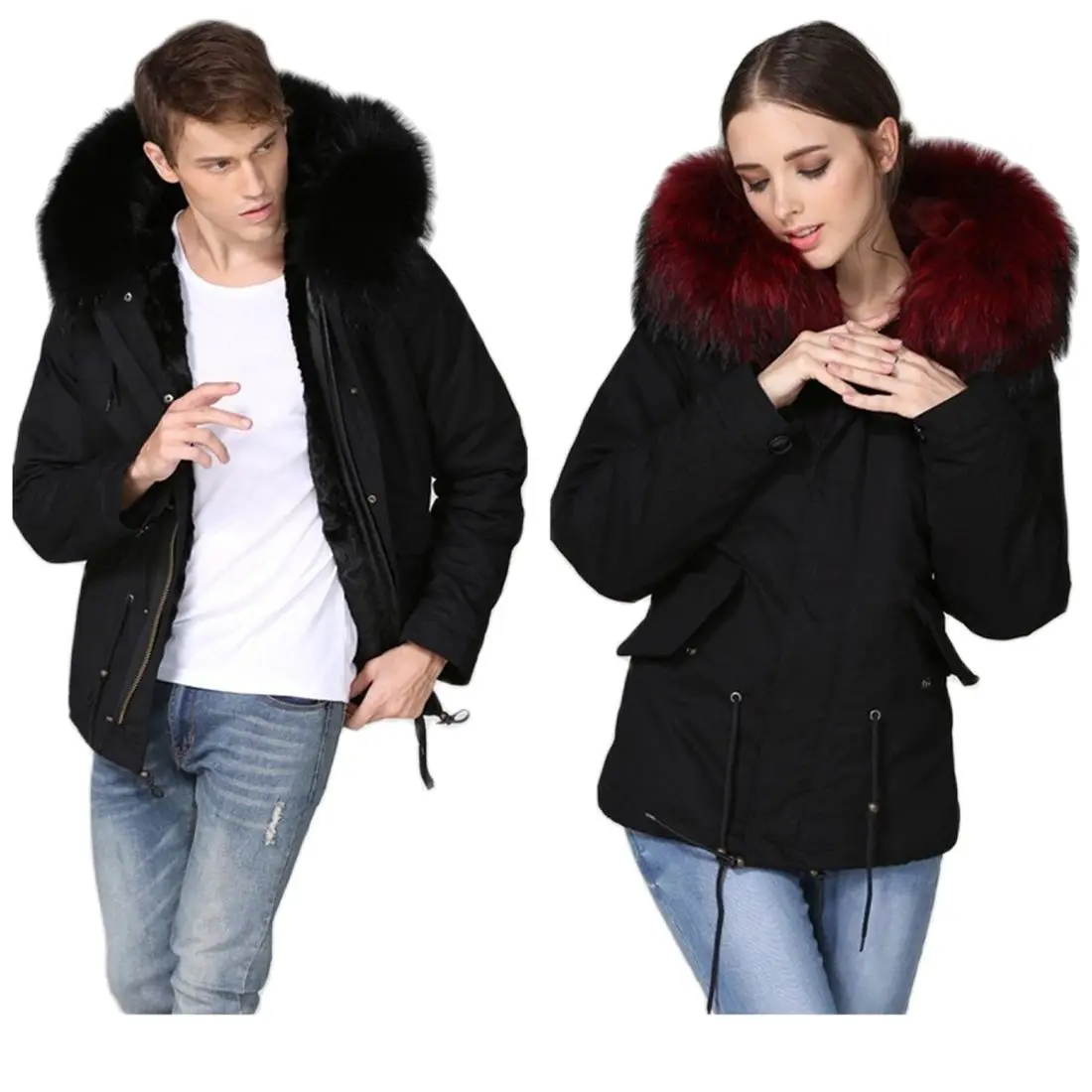 Парная Стильная черная меховая парка для жены и мужа толстая подкладка MR или MRS