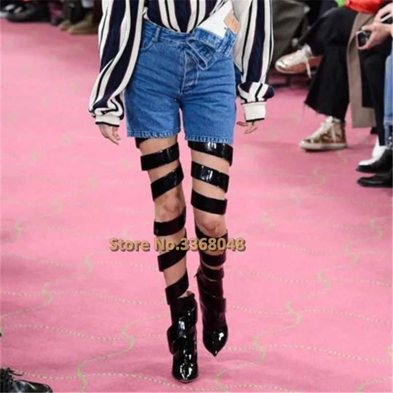 Сапоги выше колена из лакированной кожи с острым носком на тонком каблуке | Обувь