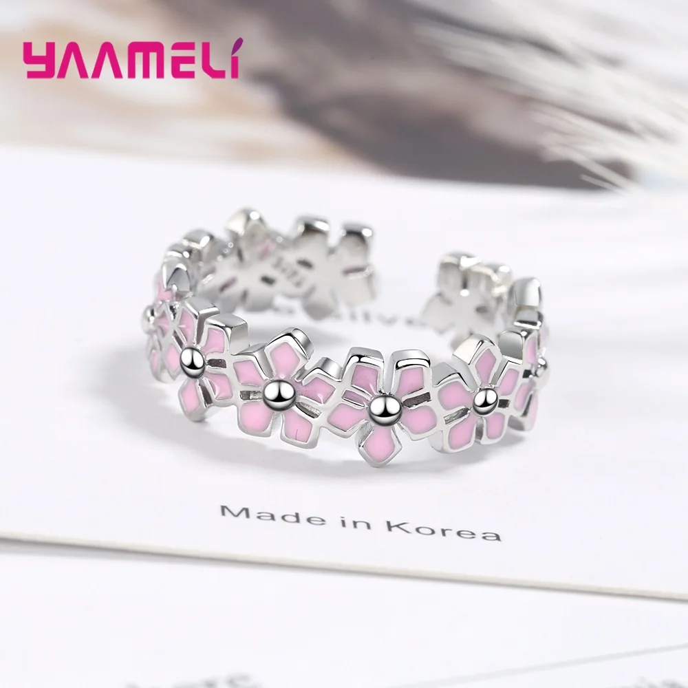 

100% 925 Sterling Silver Female Fashional Rings Cute Luxury Pink Stackable Flowers Adjustable Open Finger Ring For Women