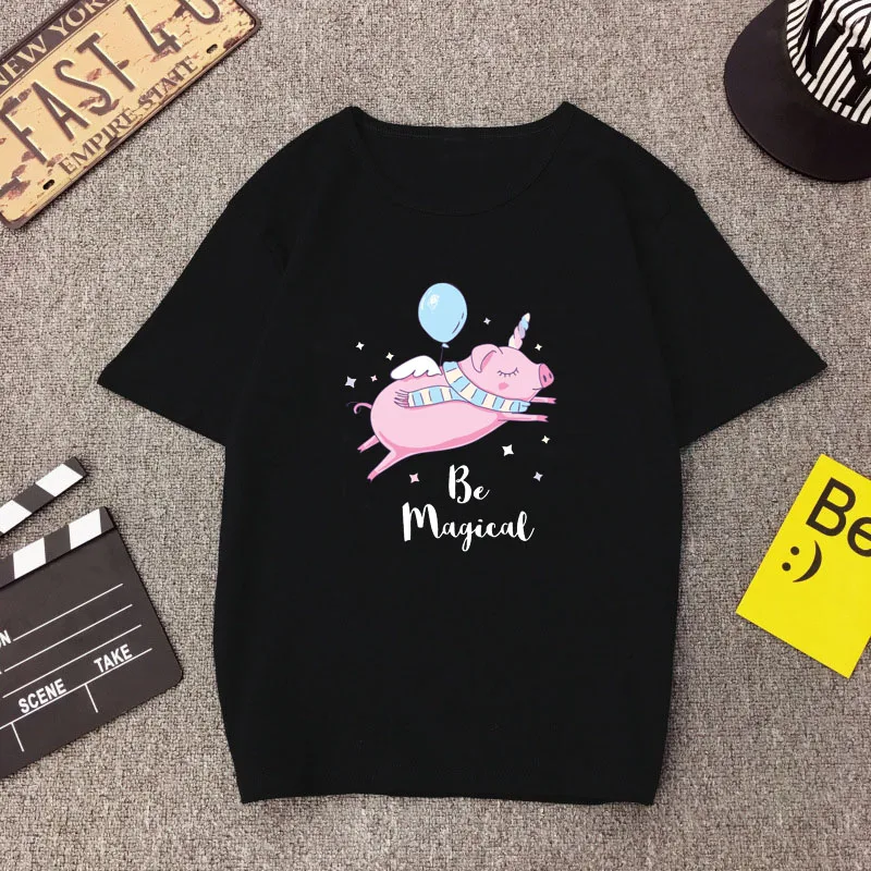 

Unicorn Cute Pig Kawaii Animal Flying Women Black T Shirt Harajuku Korean Tops Streetwear Camiseta Mujer Vintage Aesthetic Tees