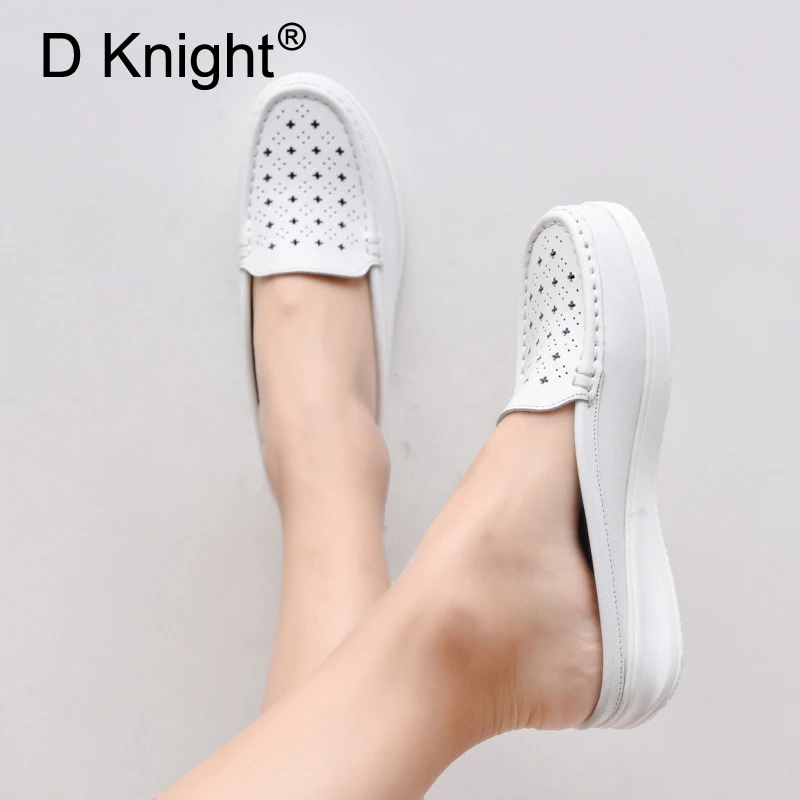 

Plus Size 35-41 Women Platform Half Slippers Round Toe Hollow Lady Slides Shoes Genuine Leather White Wedges Sandals Shoes Woman
