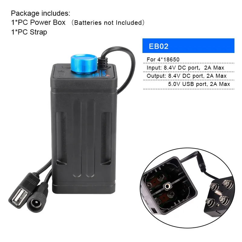 EB02 Комплект велосипедных ламп Батарея коробка 8,4 V 5V двойной Напряжение Выход для 2/4/6 18650/26650 Батарея W/ремень Дополнительный 100-240V адаптер настрящая огонь - Цвет: EB02