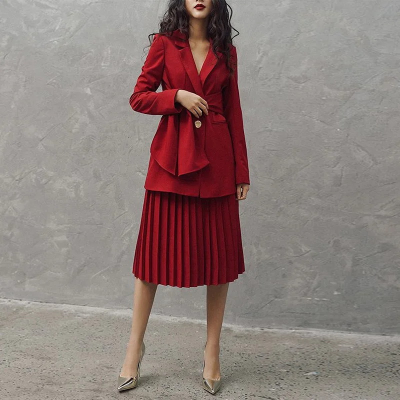 

Suits Set Women Long Sleeve Runway Designer Elegant Office Ladies Suit Jacket Coat Red Pleated Dress Two Piece Clothing