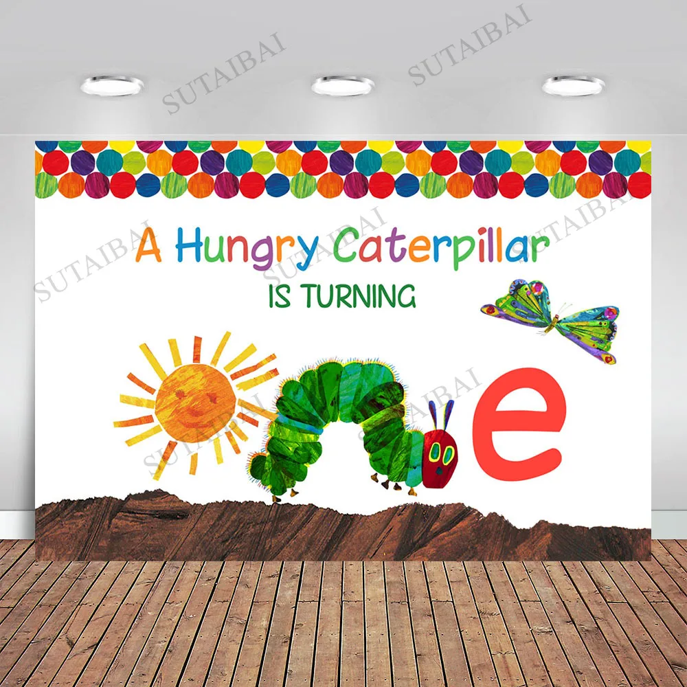 A Hungry Caterpillar Is Turning One Birthday Backdrop Photocall Cartoon Caterpillar 1st Birthday Party Background Butterfly