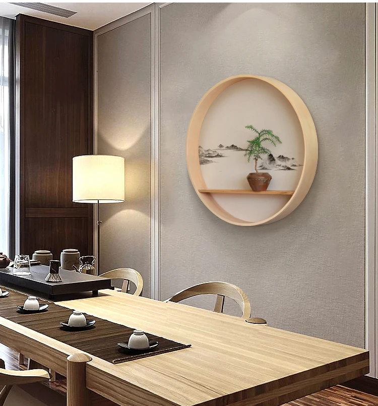 

Solid Wood Round Ornaments New Chinese Porch Wall Hanging Zen Wall Decoration Creative Rack Wall Wall Decorations