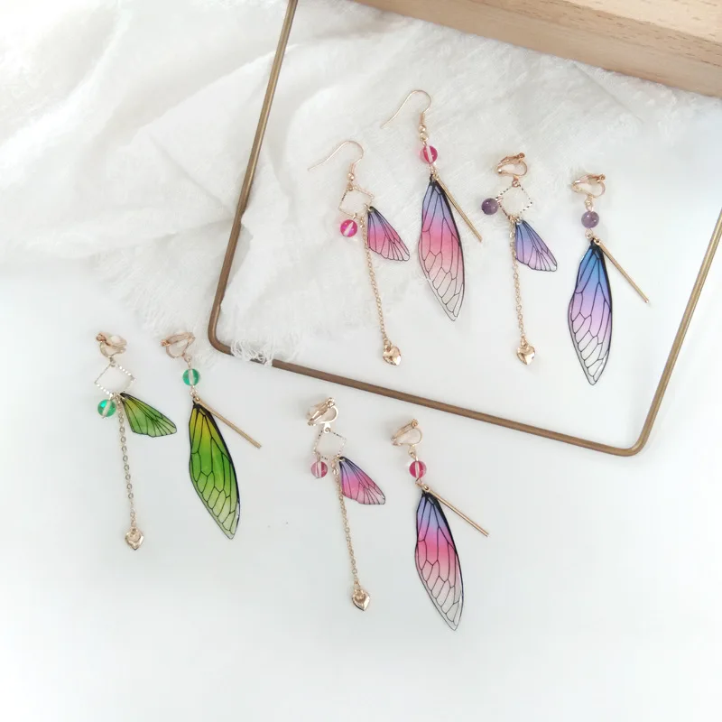

Temperament Fairy Tale Long Earrings Butterfly Wings Drop Earrings Dreamy Gradient Asymmetric Earrings Romantic Bridal Jewelry
