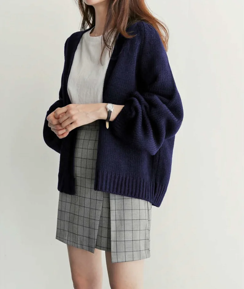 Dark Blue Короткий женский кардиган, укороченный вязаный осенний винтажный зимний жакет для девочек, корейский Свободный Повседневный толстый теплый свитер для студентов - Цвет: Dark Blue