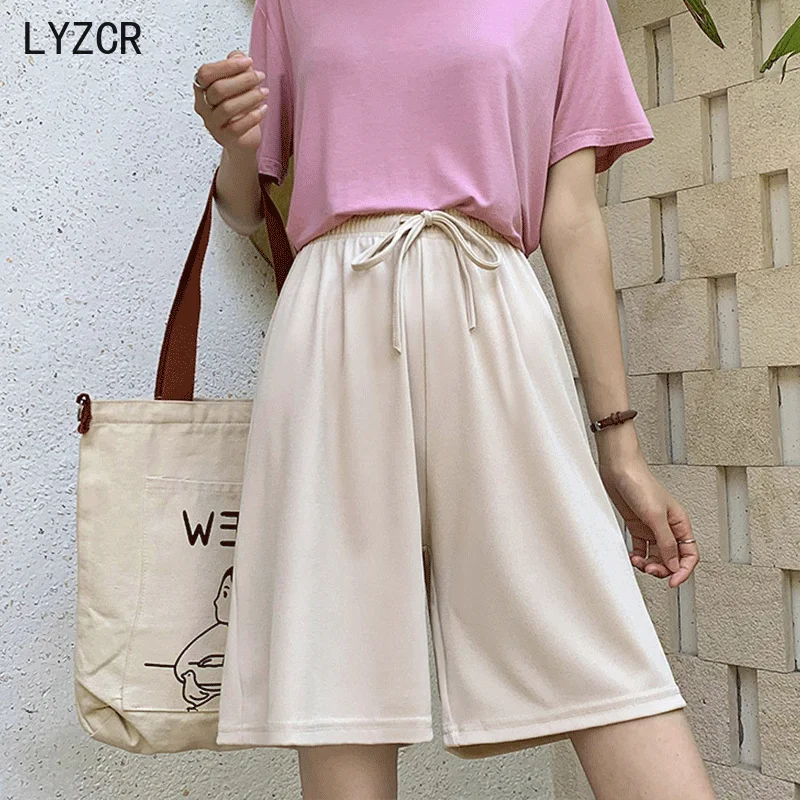 

Summer capris Wide Leg Pants Women Loose High Waist Knee Length Women's Chiffon Pants Female Plus Size Knitted Black Trousers