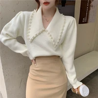 autumn winter french style pearls turn down collar sweater for women high street chic elegant pullover knitting top lady jumpers