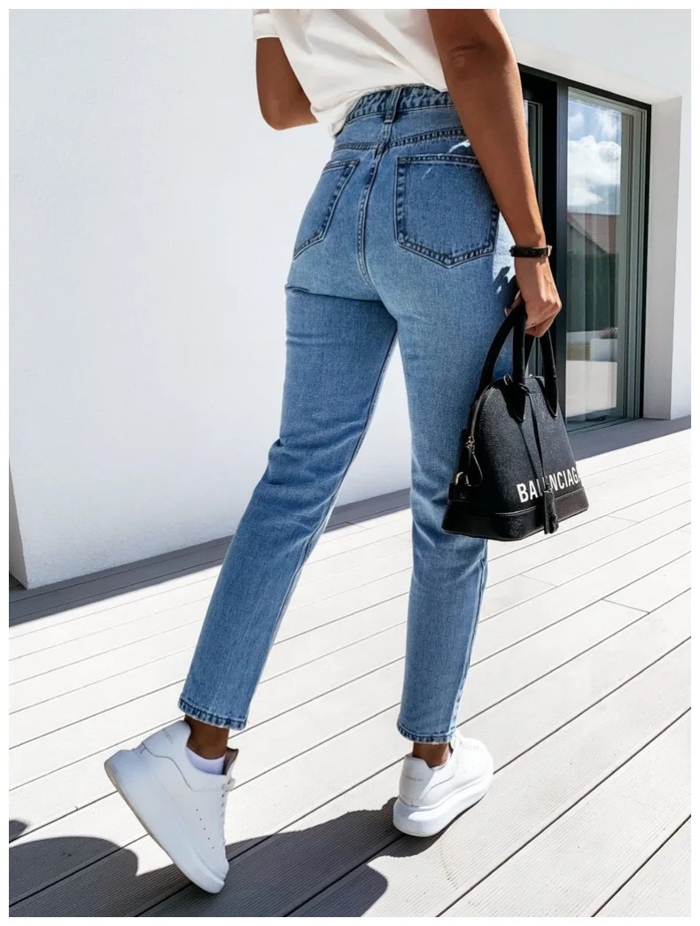 

Women's Blue High Waist Pencil Jeans Slim Button Pockets Ladies Denim Pants 2021 Autumn Vintage Streetwear Trouser Female Bottom