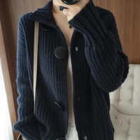 2021 spring and autumn lapel cardigan womens short long sleeve big button knit sweater solid wool sweater jacket