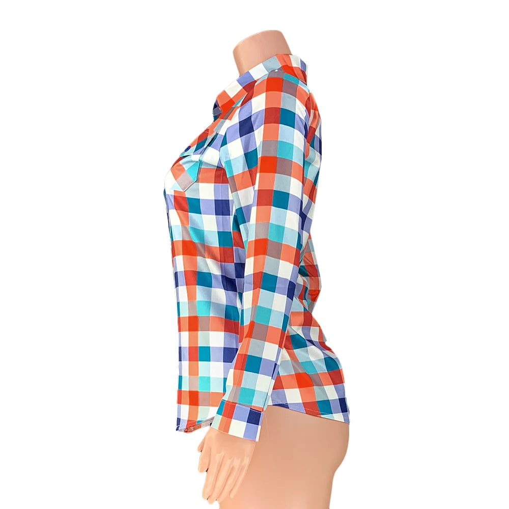 Женские блузки с длинным рукавом винтажные вечерние рубашки в клетку принтом