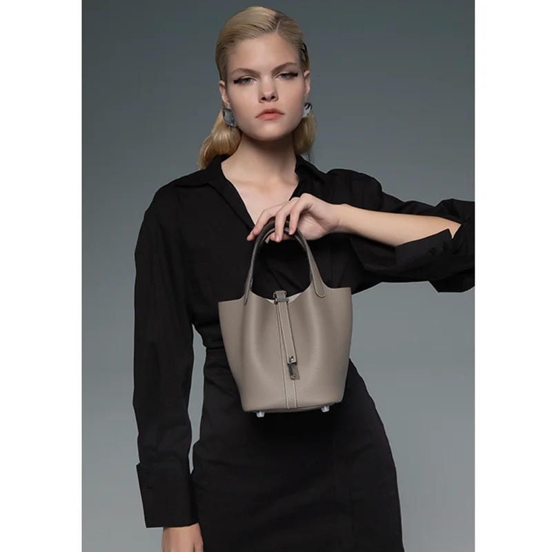 

High Quality Luxury Genuine Leather Bucket Bag Women Bag\Handbag Fashion Simple Real Cowhide Female Tote Soft Leather Pink