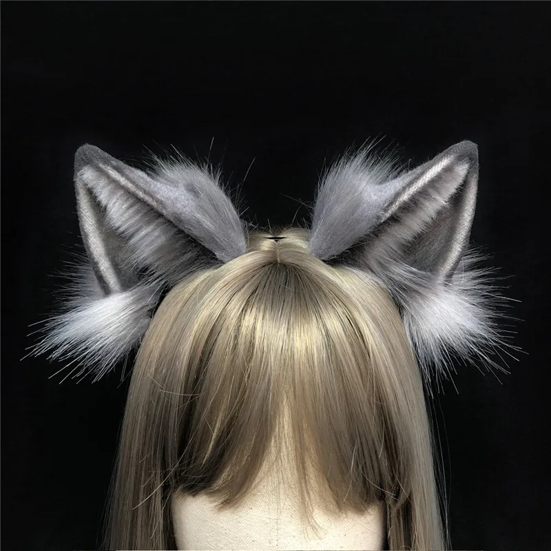 Повязка на голову белая в складку с изображением волка Хару заячьи кроличьи уши -