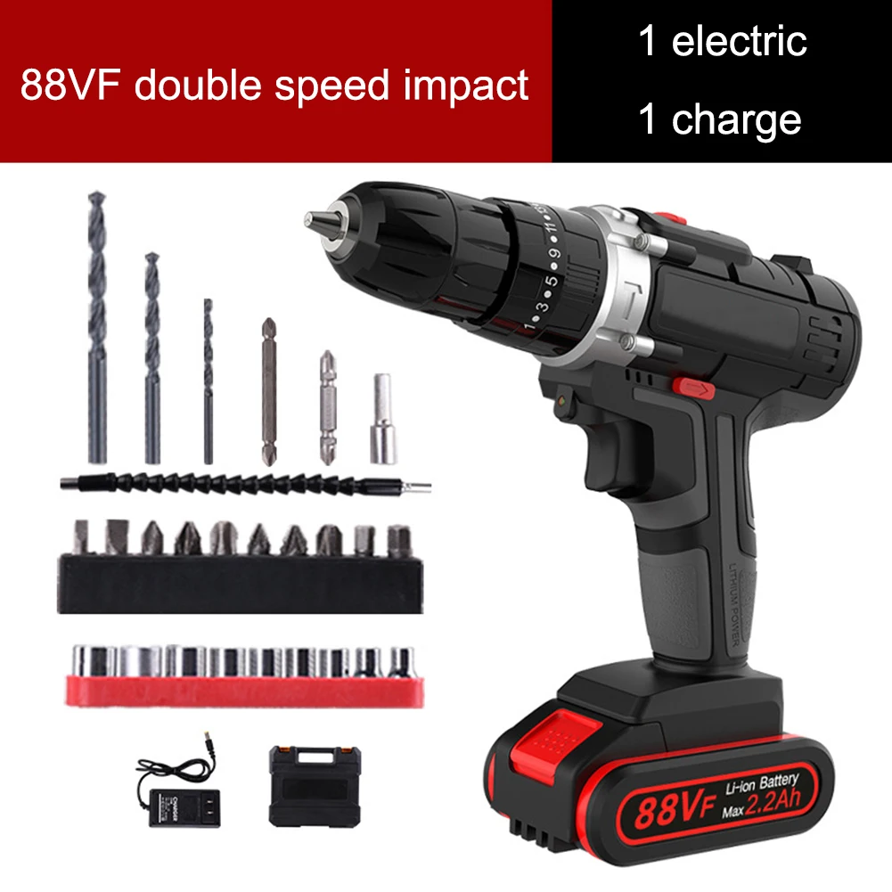 

88VF/12v Lithium Ion Cordless Drill Power Drill Set US EU Plug 3/8 inches Keyless Chuck Variable Speed 16 Bits 22 Driver Bits