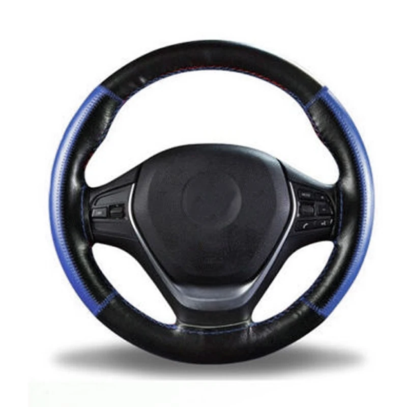 1PC Black+Blue DIY Car Steering Wheel Cover Genuine Leather Covering 38cm W/ Needles Thread For Auto Decorative Accessories | Автомобили и