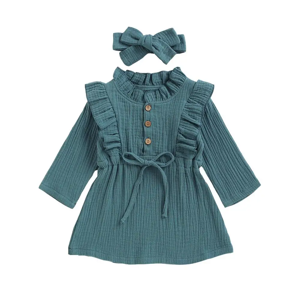 Платье принцессы для девочек льняное однотонное платье на пуговицах с рюшами и