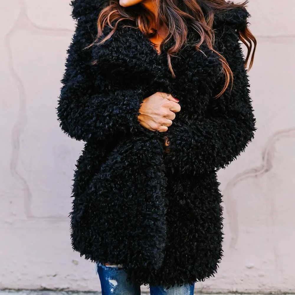 

2021 Winter Women Thicken Faux Fur Overcoat Solid Lapel Slim Long Sleeve European American Style Retro Darkness Female Coat