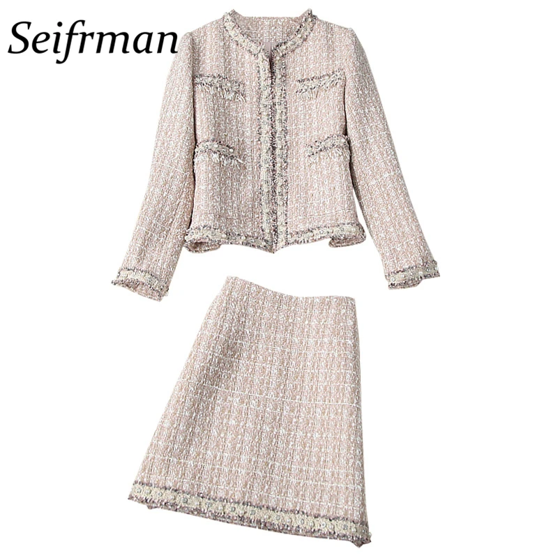

Seifrmann Women Summer Fashion DesignerSkirts Set Long Sleeve Pockets Beading Tops + High Waist A-Line Skirts 2 TwoPiecesSuit