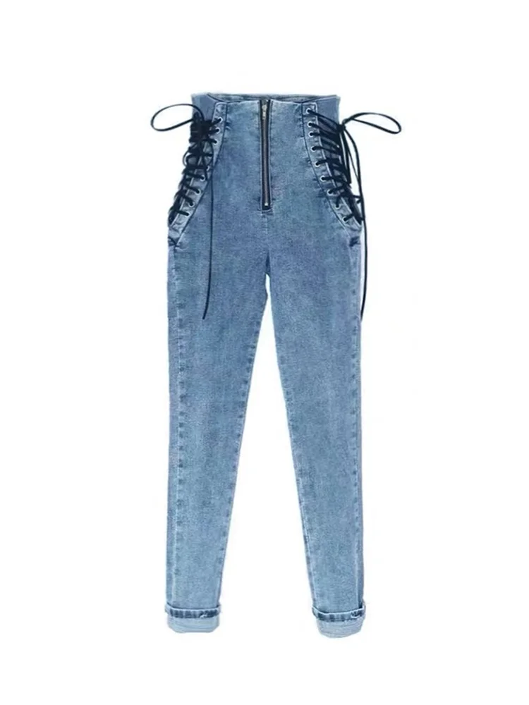 Узкие джинсы с завышенной талией, женские облегающие леггинсы средней длины, пикантные эластичные брюки-карандаш с боковой завязкой, синие ... от AliExpress RU&CIS NEW