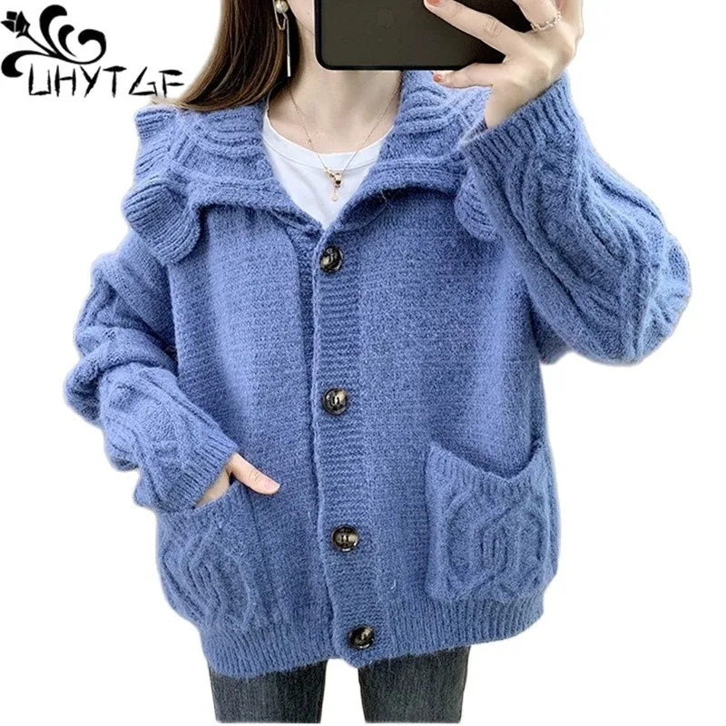 

Вязаный женский свитер UHYTGGF, пальто 2021 с карманами и длинным рукавом, повседневный теплый осенний кардиган, женский свитер, куртка, женские т...