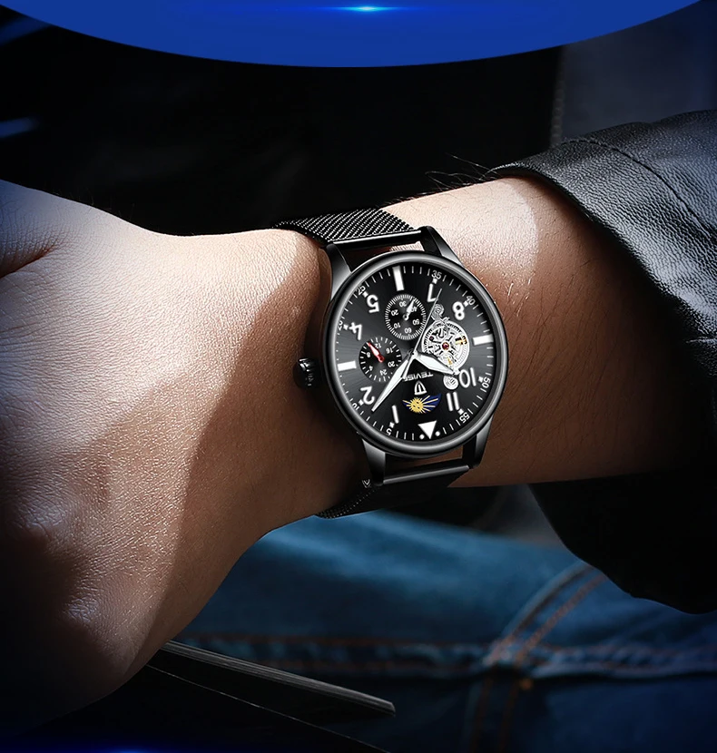 Tevise Новая мода для мужчин автоматические механические часы сталь Tourbillon Скелет наручные часы хронограф наручные часы Relogio Masculino
