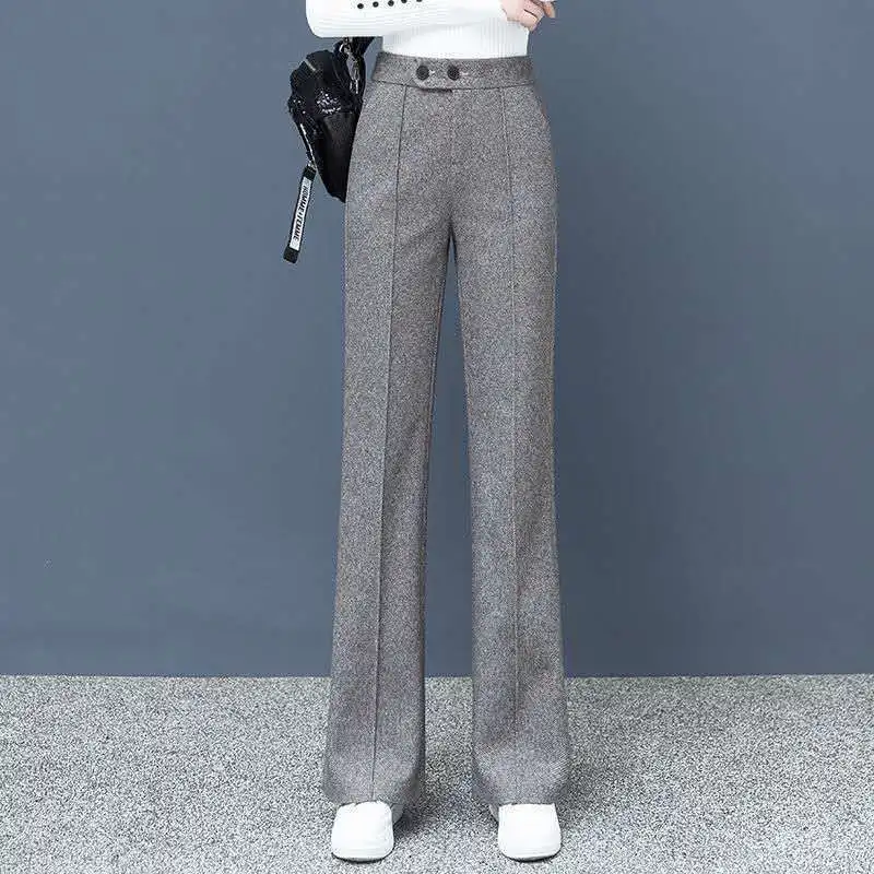 Thick Wool Straight Pants Women's Office Wear Side Pockets Autumn Winter Vintage High Waist Zipper Fly Female Wide Leg Trousers