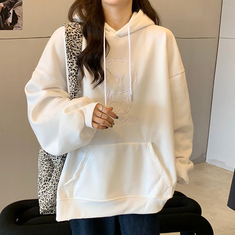 

2020 autumn winter new thickened cartoon bear hoodie women loose coat trend