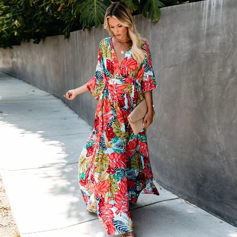 

Red Floral Leaf Pattern Dress Bohemia Long Floor-Length High Waist A-Line Maxi Dresss Elegant Cotton Viscose Comfy Holiday Lady