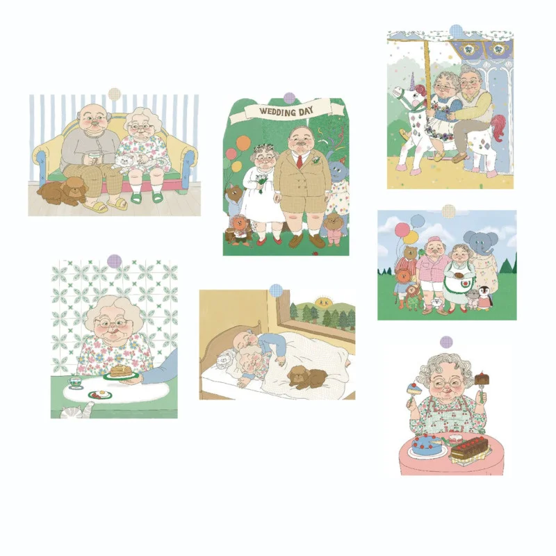 

7pcs Cute Grandpa Grandma Decoration Card Happy Daily Life DIY Room Metope Small Postcard Diary Album Photo Props Wall Sticker