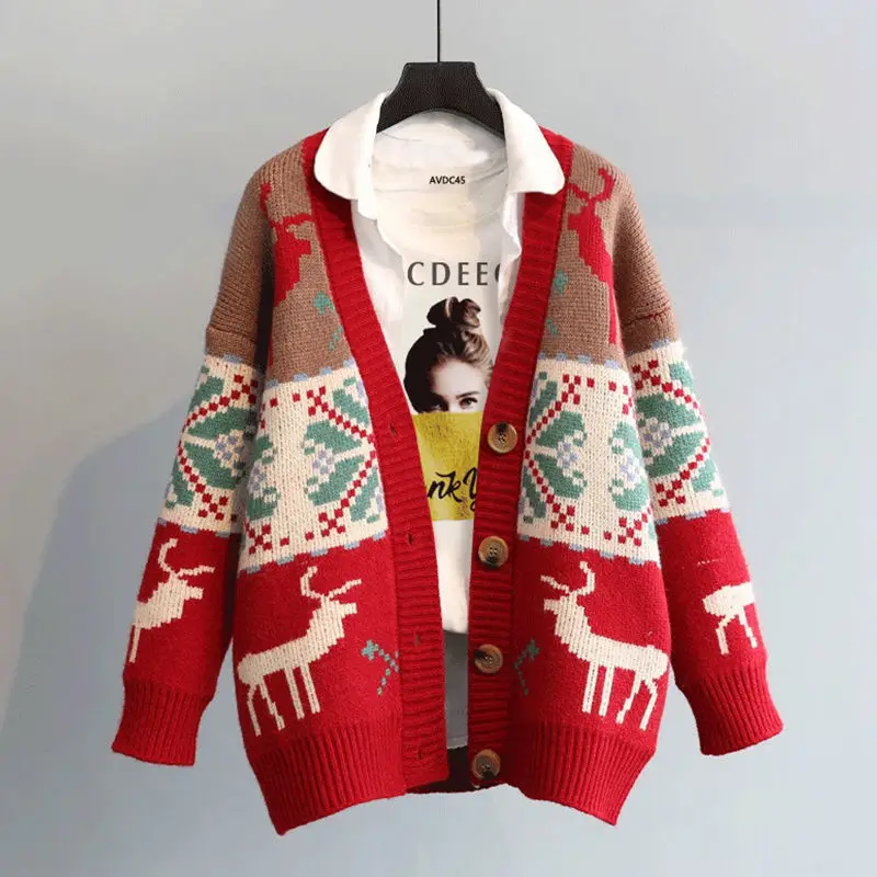 

Vangull Fashion Deer Cartoon Print Women Cardigan Autumn Loose Knitted Sweater V-neck Single Breasted Christmas Ladies Cardigans