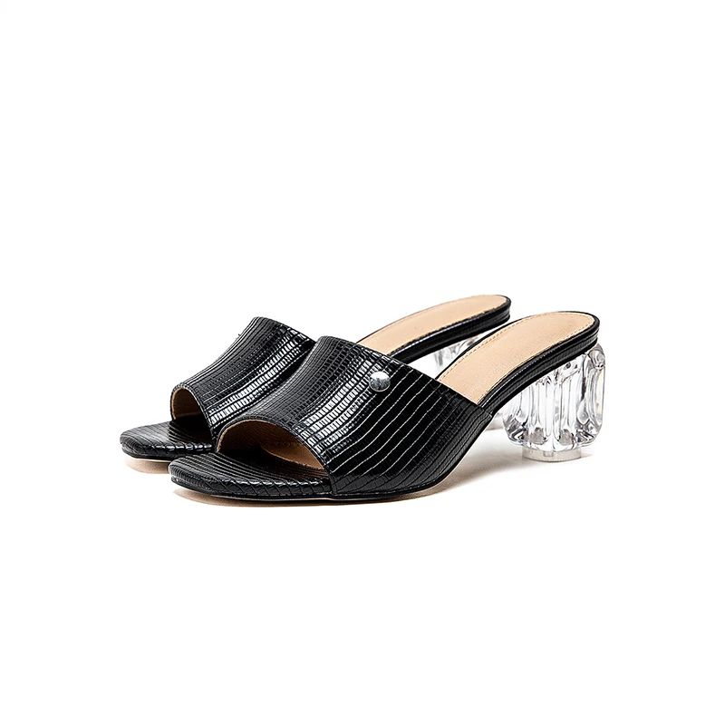 

Casual style sexy peep toe house summer slippers fashion stripe rivets yellow black brown thick high heel women's shoes big size