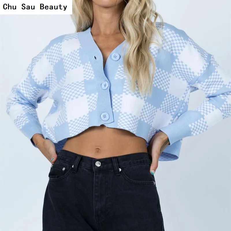 

Women's New Fashion Blue & White Large Plaid Short Knit Top Autumn Retro Casual Single-Breasted Long-Sleeved Sweater Jacket