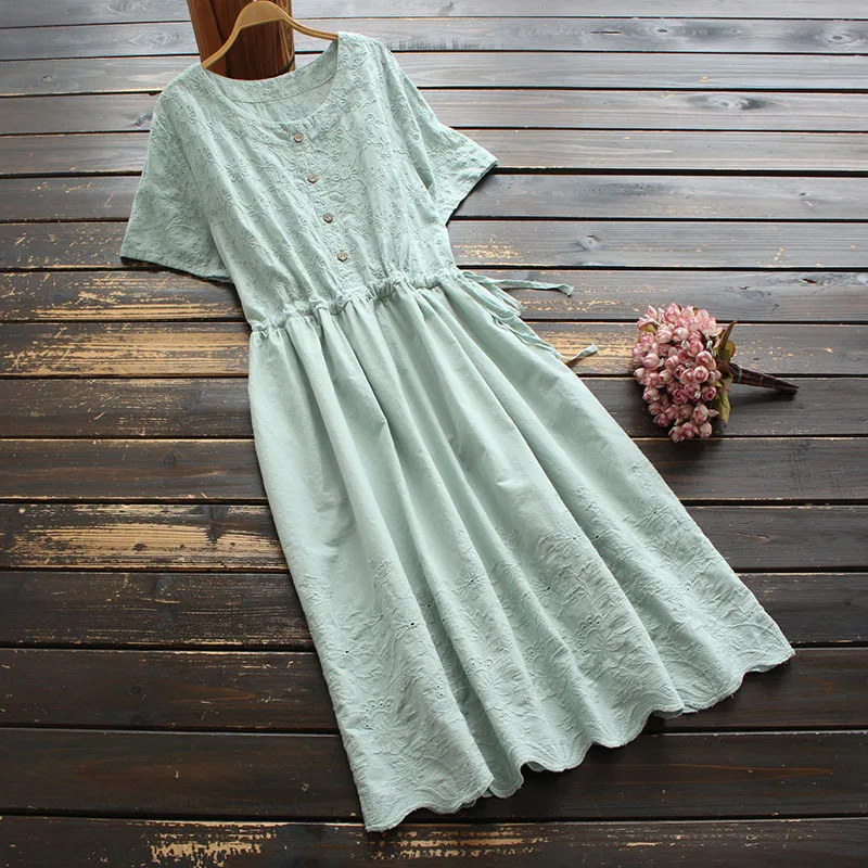 

7983New summer women's dress artistic Korean style solid color midi dress cotton embroidered short sleeve slimmingaType