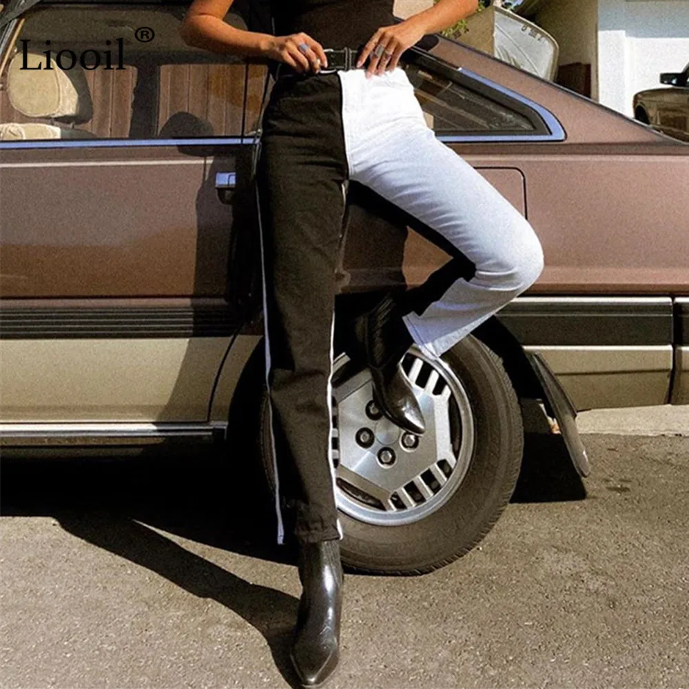 

Liooil Color Block High Waist Jeans Pants With Pockets Patchwork Black And White Women Trousers Sexy Skinny Denim Pencil Pants