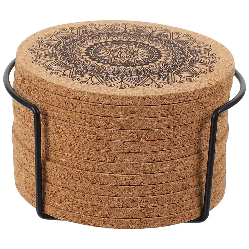 12pcs Creative Nordic Mandala Design Round Shape Wooden Coasters Table Mat Coffee Cup Coaster With Storage Stand Home Decor