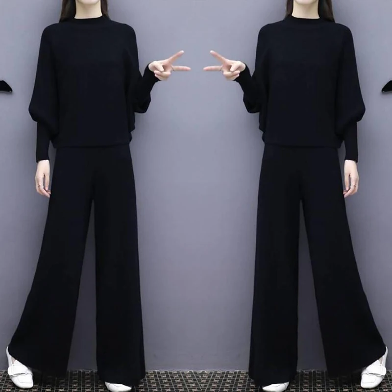 Женский черный костюм с рукавом летучая мышь вязанные Широкие штаны свободный