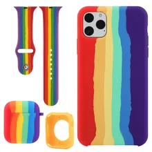 For IPhone/Watch/Airpods Silicone Protective Case Set 12 11 Pro X XS MAX XR 7 8 Plus Rainbow Watch Band Strap Earphone Cover