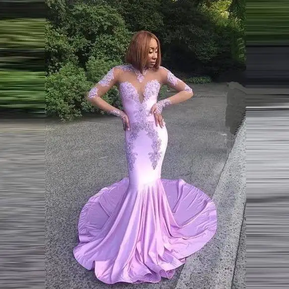 

Прозрачные длинные платья Русалочки лавандового цвета для выпускного вечера с длинными рукавами для девочек в африканском стиле, кружевны...